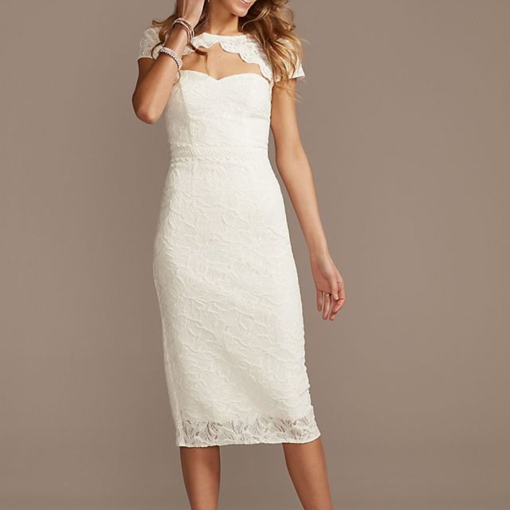 NWT DB Studio David's Bridal Cap Sleeve Lace Sheath Dress w Stretch Size 6-8